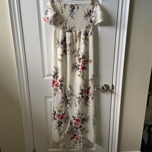 White floral maxi dress with cap sleeves.